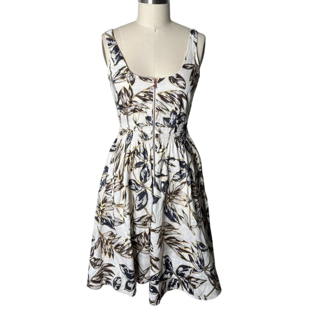 J.Crew Linen Tropical Palm Metallic Gold Front Zip Dress Size 2